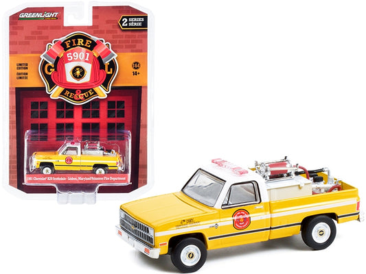 1981 Chevrolet K20 Scottsdale Pickup Truck Yellow with Fire Equipment and Hose and Tank "Lisbon Volunteer Fire Department" (Maryland) "Fire & Rescue" Series 2 1/64 Diecast Model Car by Gr