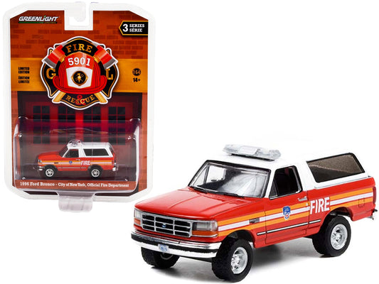 1996 Ford Bronco Red and White with Stripes "City of New York Official Fire Department" (New York) "Fire & Rescue" Series 3 1/64 Diecast Model Car by Greenlight