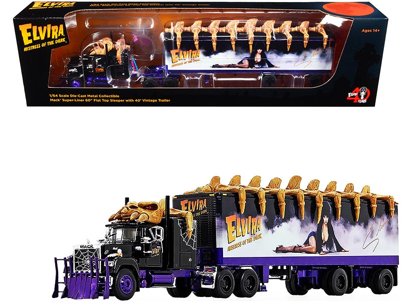 Mack Super-Liner 60" Flat Top Sleeper Cab with Vintage 40' Dry Goods Trailer "Elvira Mistress of the Dark" 40 Years TV Show Anniversary (1981-2021) 1/64 Diecast Model by DCP/First Gear