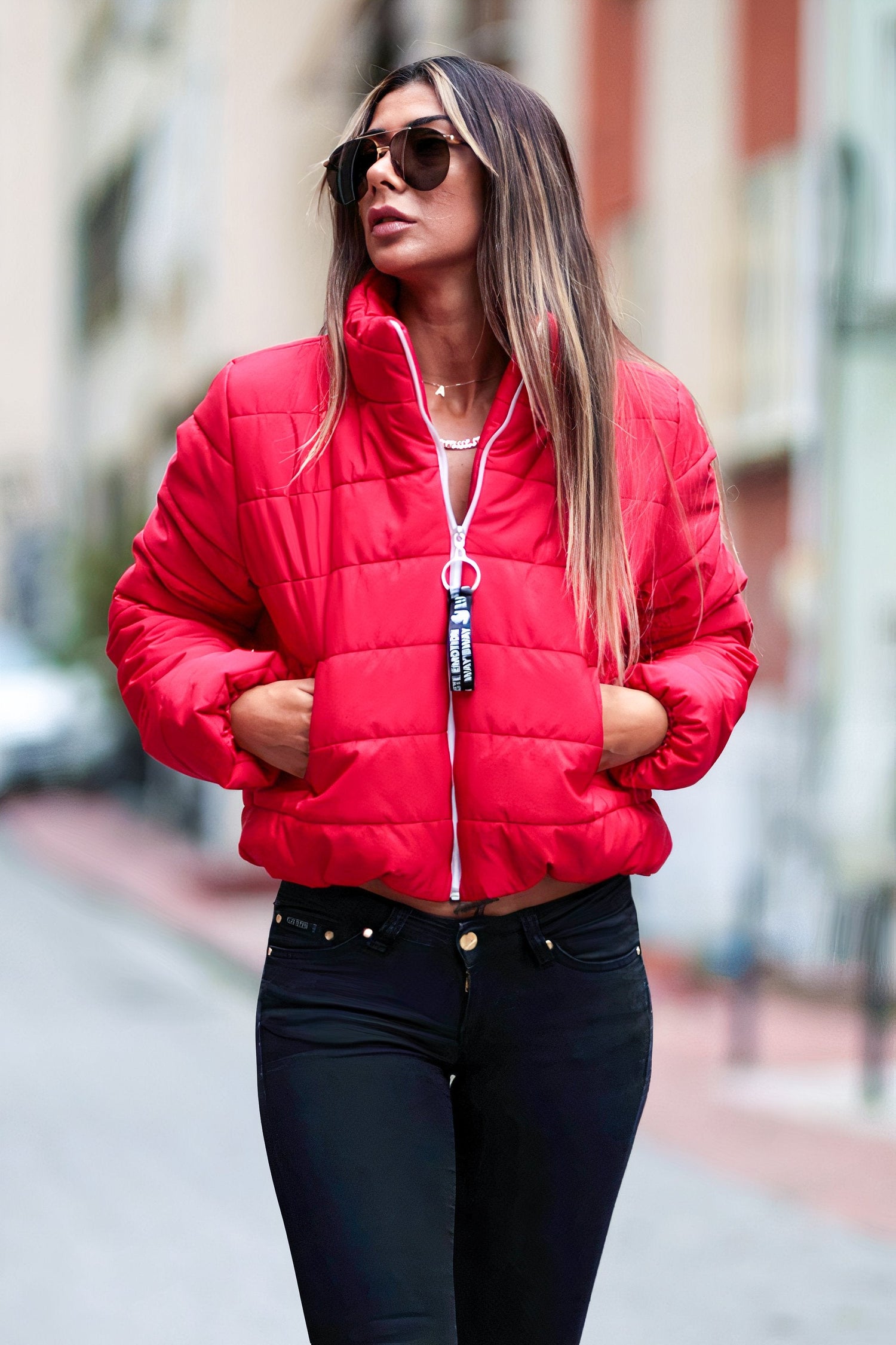 Fashionable Women Fluffy Lightweight Puffer Warm Full Zip Short Coat Fuchsia Aphrodite