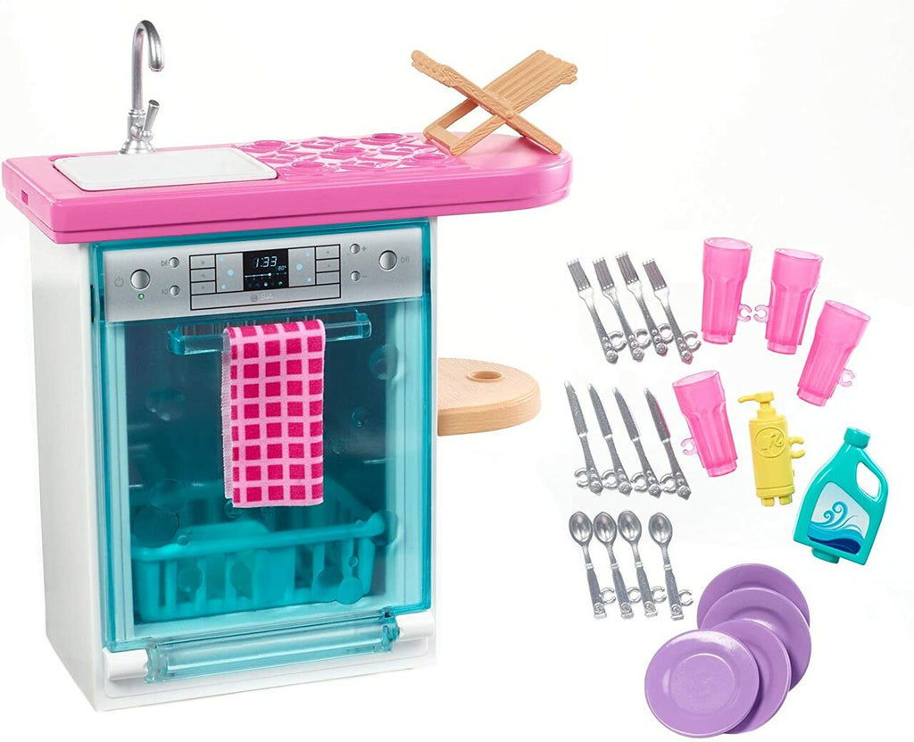 Barbie Indoor Furniture Playset, Kitchen Dishwasher with Working Door