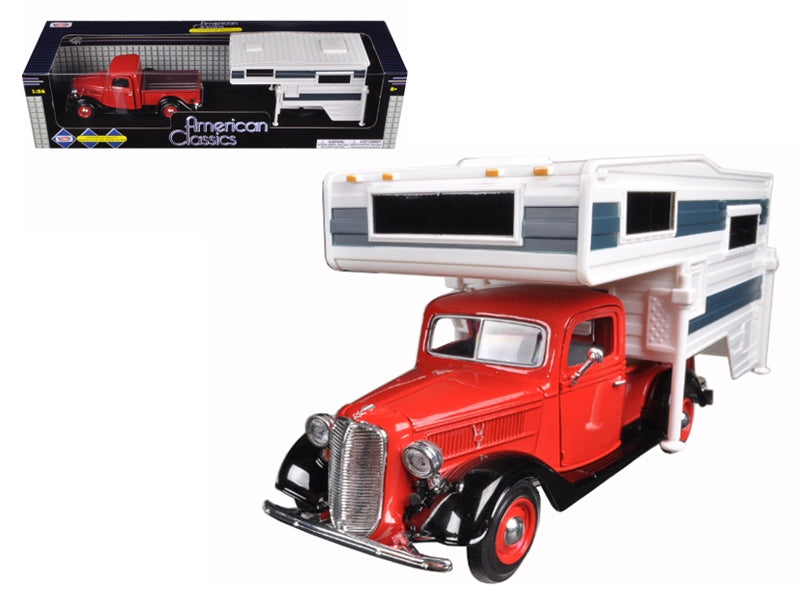 1937 Ford Pickup Truck with Camper Shell Red and White 1/24 Diecast Model Car by Motormax