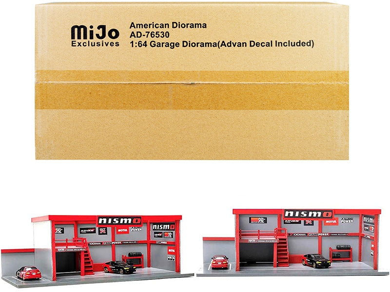 "Garage Diorama Advan" Diorama with Decals for 1/64 Scale Models by American Diorama