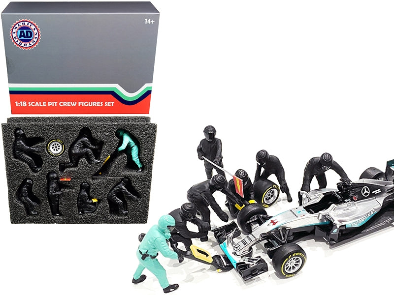Formula One F1 Pit Crew 7 Figurine Set Team Black for 1/18 Scale Models by American Diorama