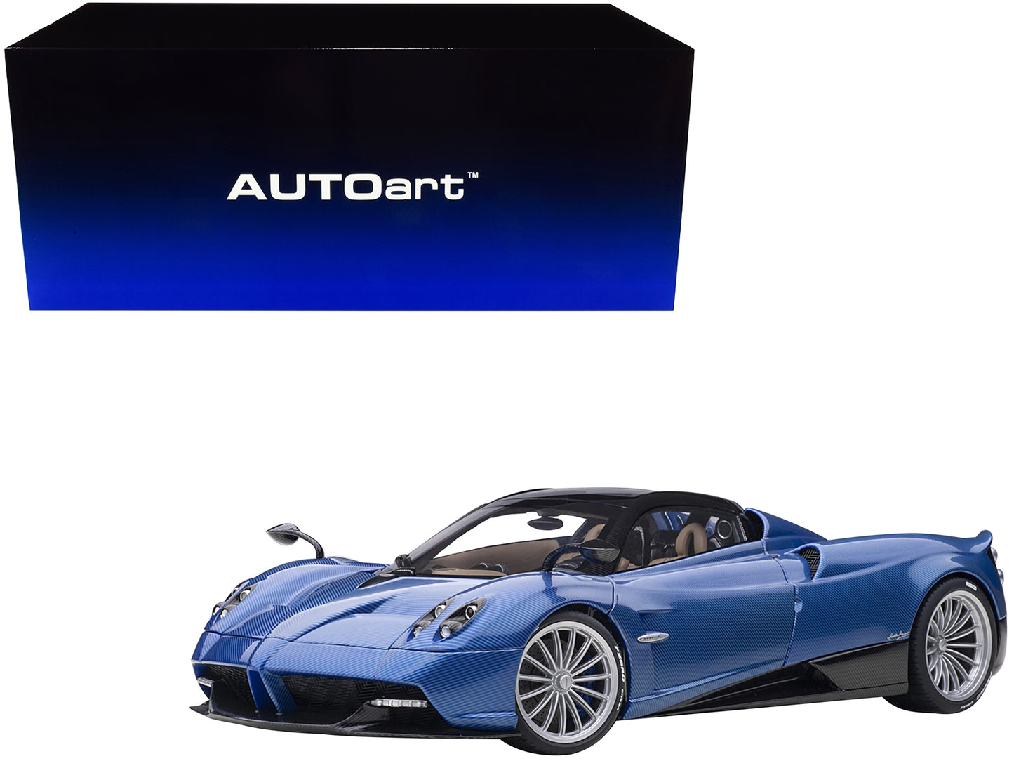 Pagani Huayra Roadster Blue Tricolore Carbon Fiber with Black Top with Luggage Set 1/18 Model Car by Autoart