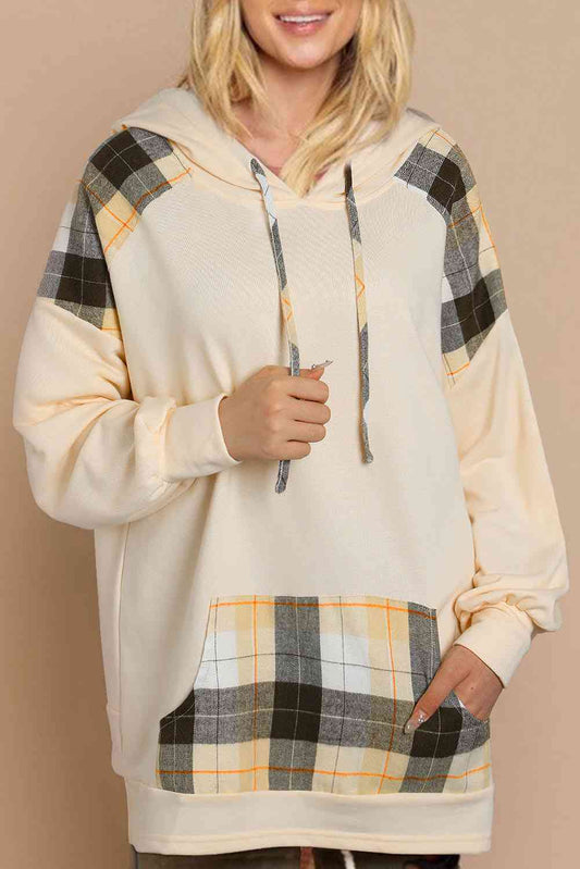 Plaid Drawstring Drop Shoulder Hoodie with Pocket