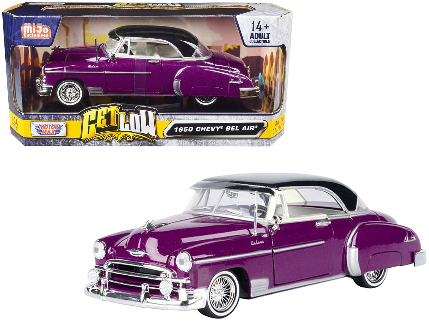 1950 Chevrolet Bel Air Lowrider Purple Metallic with Black Top and White Interior "Get Low" Series 1/24 Diecast Model Car by Motormax