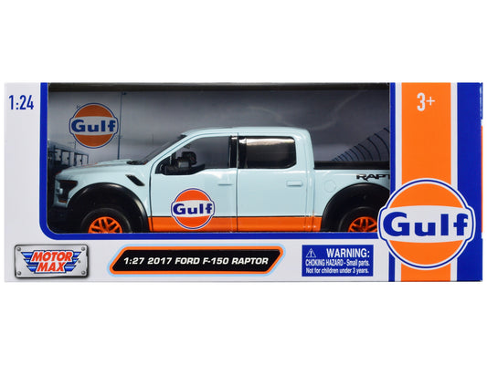 2017 Ford F-150 Raptor Pickup Truck Light Blue with Orange Stripes "Gulf Oil" "Gulf Die-Cast Collection" 1/27 Diecast Model Car by Motormax