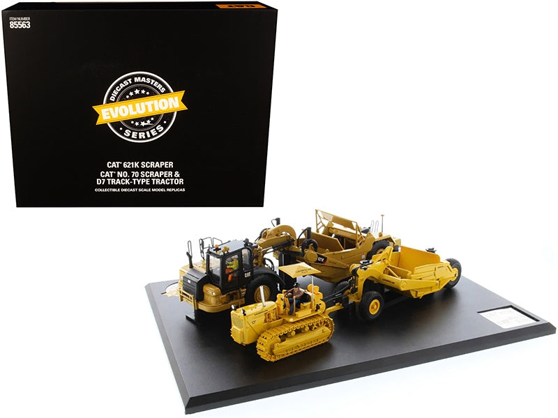 CAT Caterpillar 621K Scraper and Caterpillar No. 70 Scaper with D7 Track-Type Tractor Yellow "Evolution Series" 1/50 Diecast Model by Diecast Masters