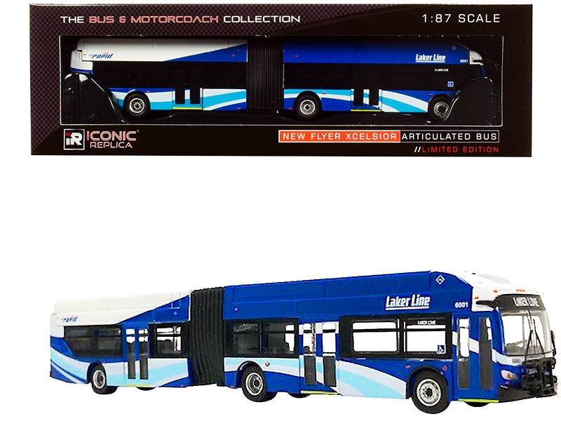 New Flyer Xcelsior XN60 Articulated Bus The Rapid "Laker Line" Grand Rapids (Michigan) Blue and White "The Bus & Motorcoach Collection" 1/87 (HO) Diecast Model by Iconic Replicas