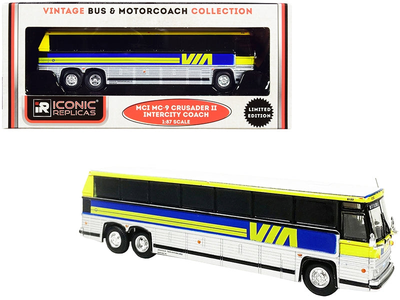 1980 MCI MC-9 Crusader II Intercity Coach Bus "Via Rail" (Canada) Yellow and Silver with Blue Stripes "Vintage Bus & Motorcoach Collection" 1/87 (HO) Diecast Model by Iconic Replicas