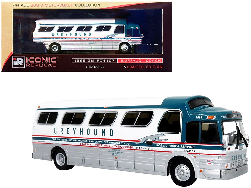 1966 GM PD4107 "Buffalo" Coach Bus "Greyhound" Destination: Seattle (Washington) "Seattle - Portland - Vancouver" "Vintage Bus & Motorcoach Collection" 1/87 Diecast Model by Iconic Re