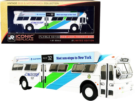 Flxible 53102 Transit Bus #32 "Miami" Metrobus (Florida) with Bus-O-Rama Boards "Eastern Airlines" White with Green and Blue Stripes "Vintage Bus & Motorcoach Collection" 1/87 (HO) Diecast Model by Iconic Replicas
