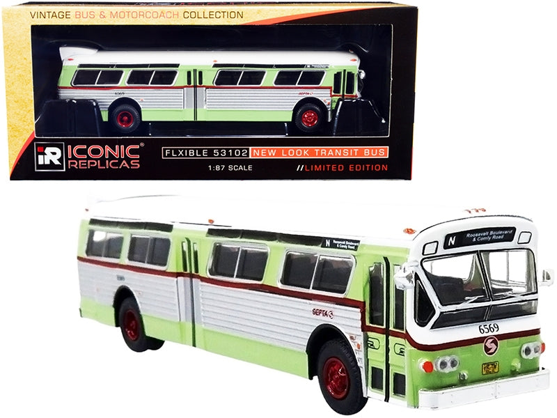 Flxible 53102 Transit Bus #N "Roosevelt Blvd. & Comly Road" SEPTA Philadelphia (Pennsylvania) Light Green and Silver with White Top "Vintage Bus & Motorcoach Collection" 1/87 (HO) Diecast Model by Iconic Replicas