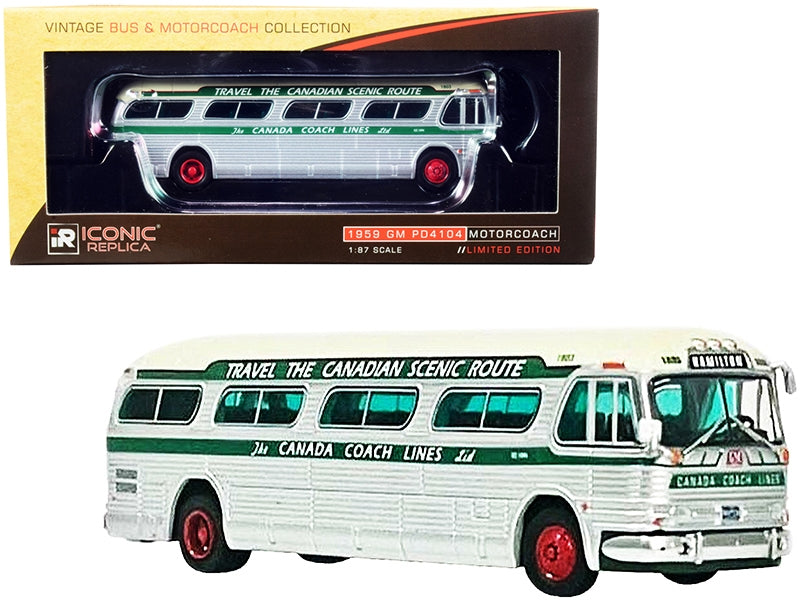 1959 GM PD4104 Motorcoach Bus "Hamilton" "Canada Coach Lines" Silver and Cream with Green Stripes "Vintage Bus & Motorcoach Collection" 1/87 (HO) Diecast Model by Iconic Replicas