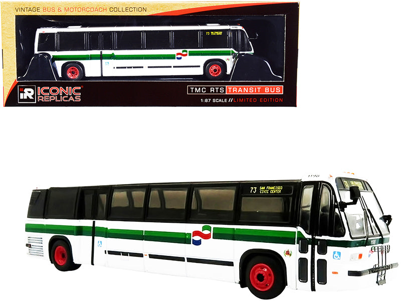 1999 TMC RTS Transit Bus #73 San Francisco Civic Center "Golden Gate Transit" White with Green Stripes "The Vintage Bus & Motorcoach Collection" 1/87 (HO) Diecast Model by Iconic Replicas