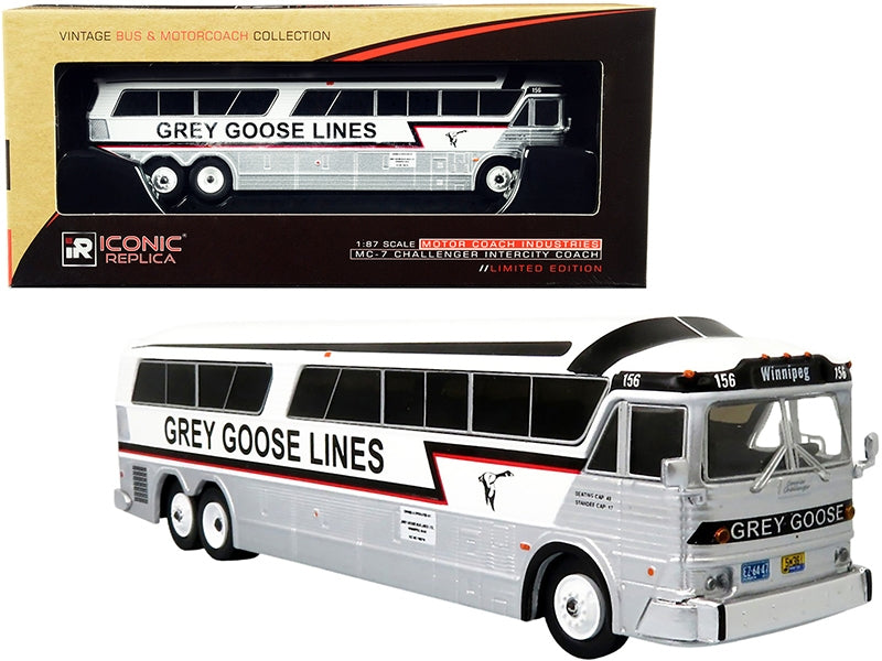 MCI MC-7 Challenger Intercity Coach "Grey Goose Lines" Winnipeg (Canada) White and Silver with Stripes "Vintage Bus & Motorcoach Collection" 1/87 (HO) Diecast Model by Iconic Replicas
