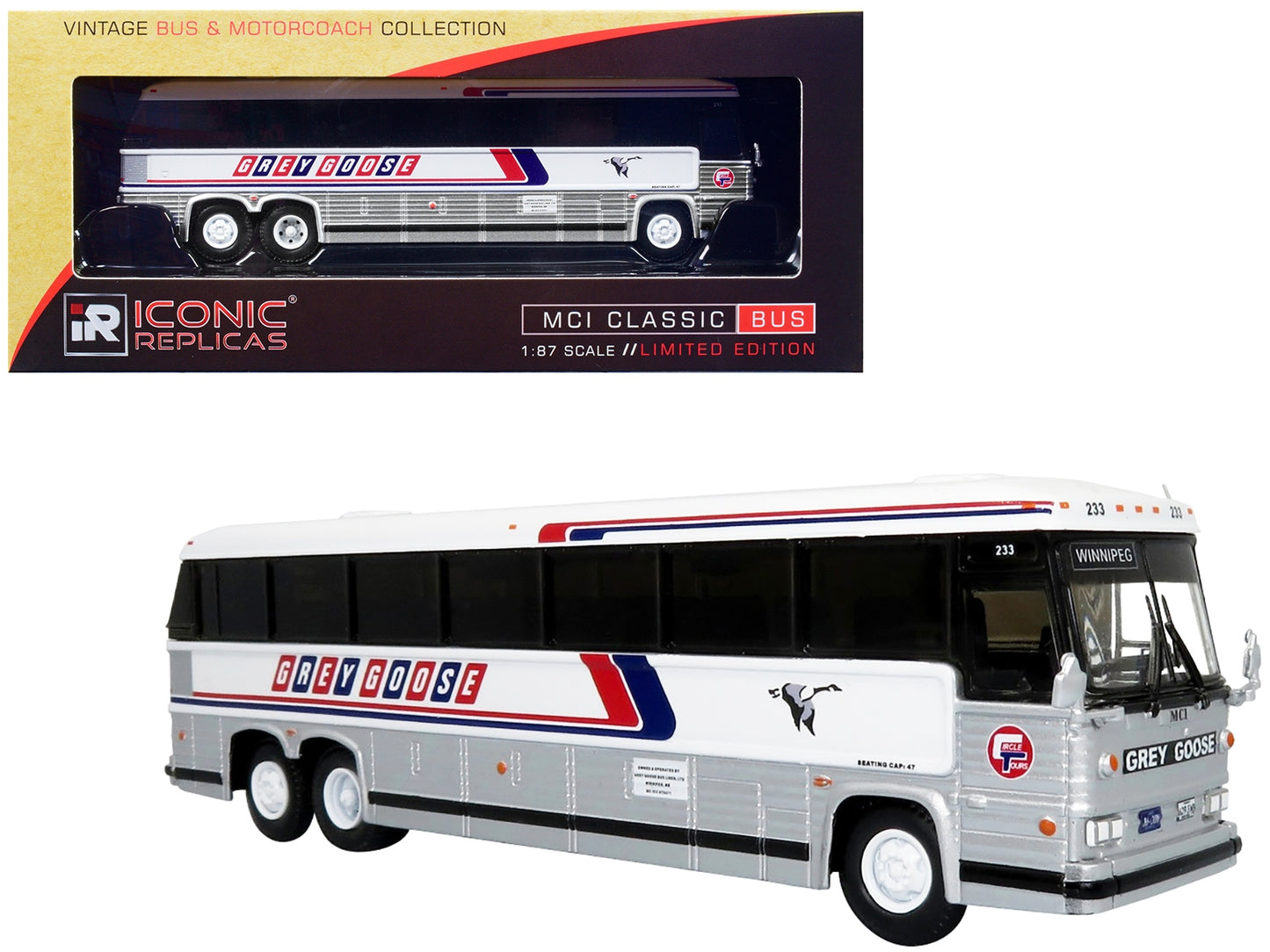 MCI MC-12 Coach Classic Bus "Grey Goose Lines" Destination: Winnipeg (Manitoba Canada) "Vintage Bus & Motorcoach Collection" 1/87 Diecast Model by Iconic Replicas