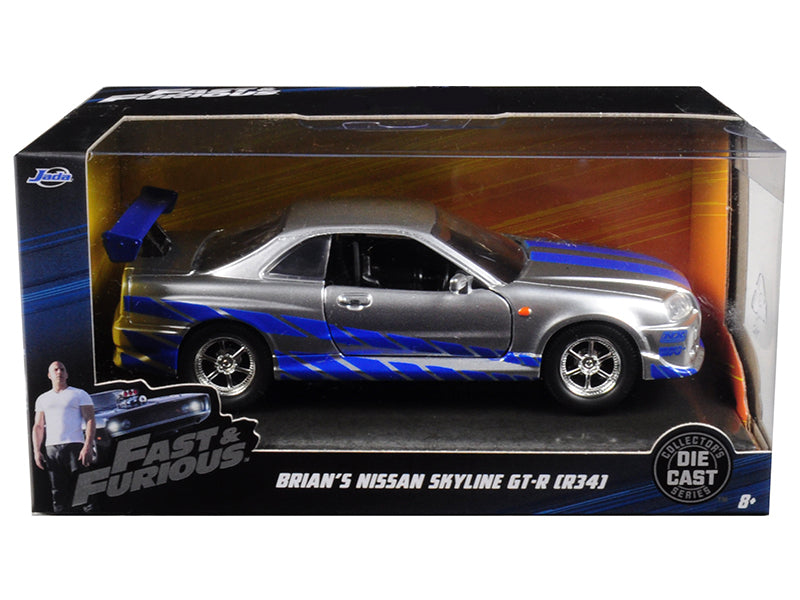 Brian's Nissan Skyline GT-R (R34) Silver with Blue Stripes "Fast & Furious" Movie 1/32 Diecast Model Car by Jada