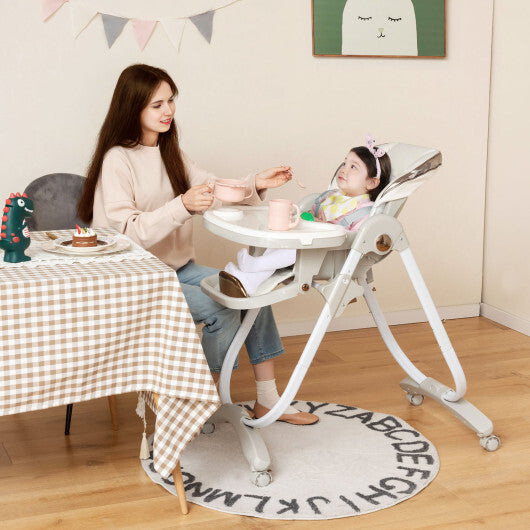 Folding Baby Dining High Chair with Adjustable Height and Recline-Gray