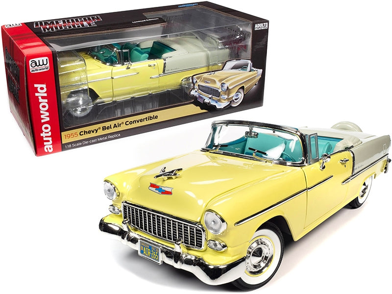 1955 Chevrolet Bel Air Convertible Harvest Gold Yellow and India Ivory 1/18 Diecast Model Car by Auto World