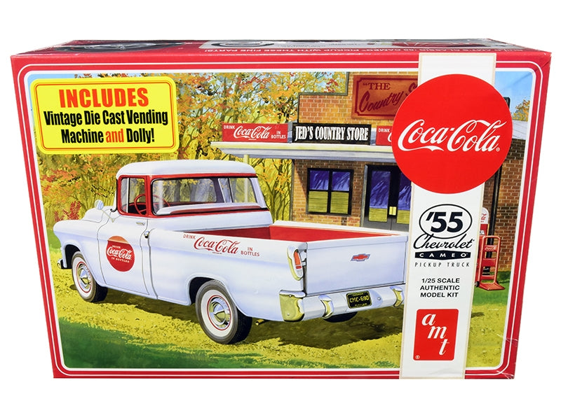 Skill 3 Model Kit 1955 Chevrolet Cameo Pickup Truck "Coca-Cola" with Vintage Vending Machine and Dolly 1/25 Scale Model by AMT