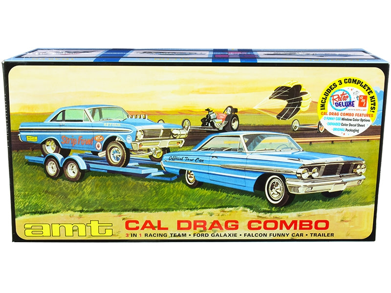 Skill 2 Model Kit "Ford Cal Drag Team" Ford Galaxie with Ford Falcon Funny Car and Trailer Set of 3 Complete Kits 1/25 Scale Models by AMT
