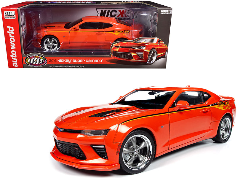2016 Chevrolet Nickey Super Camaro Hugger Orange with Stripes and Flames "Muscle Car & Corvette Nationals" (MCACN) 1/18 Diecast Model Car by Autoworld