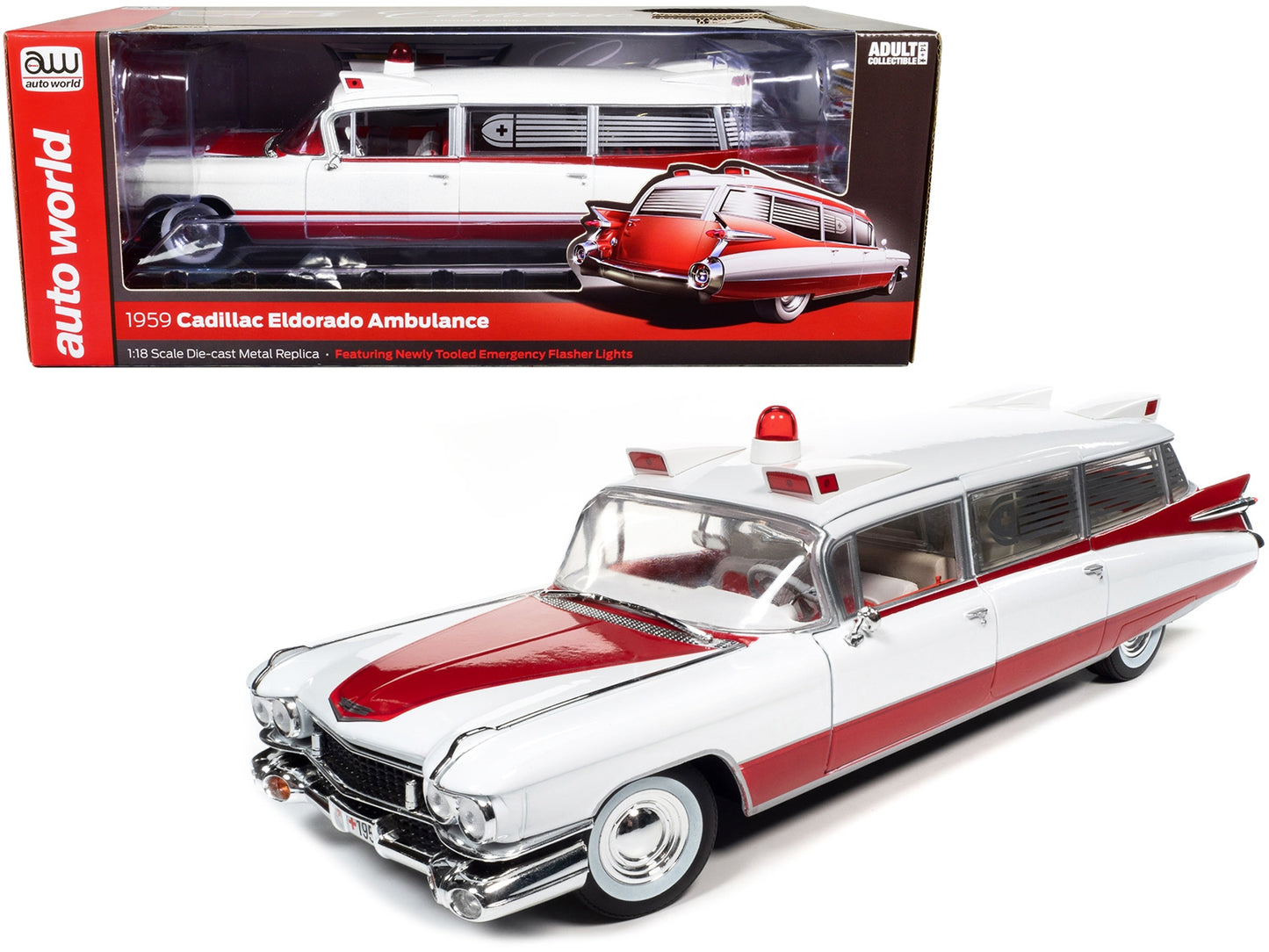 1959 Cadillac Eldorado Ambulance Red and White 1/18 Diecast Model by Auto World