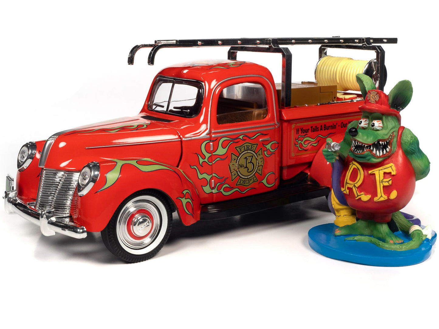 "Rat Fink" Fire Engine Truck Red with Graphics and Rat Fink Firefighter Resin Figure 1/18 Diecast Model Car by Auto World