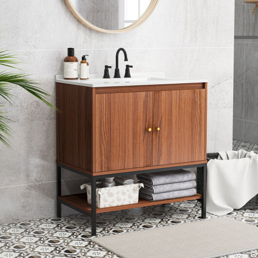 31 Inch Bathroom Vanity Sink Combo with Doors and Open Shelf-Walnut