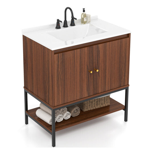 31 Inch Bathroom Vanity Sink Combo with Doors and Open Shelf-Walnut