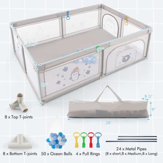 Large Baby Playpen with Pull Rings Ocean Balls and Cute Pattern-Penguin