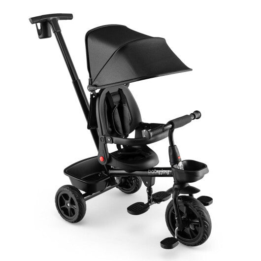 4-in-1 Reversible Toddler Tricycle with Height Adjustable Push Handle-Black
