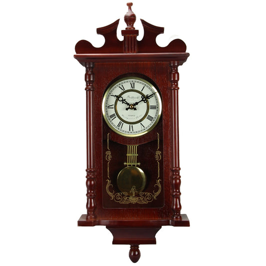 Bedford Collection 25 Inch Wall Clock with Pendulum and Chime in Dark Redwood Oak Finish W2B