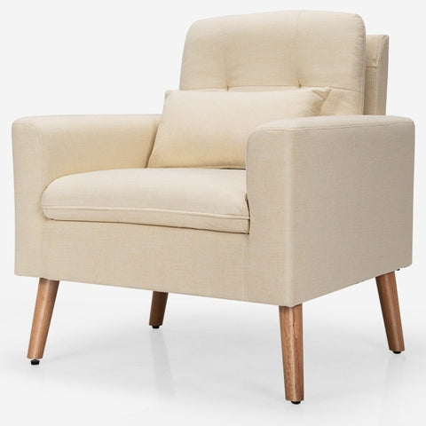 Beige Linen Mid-Century Modern Living Room Accent Chair with Pillow