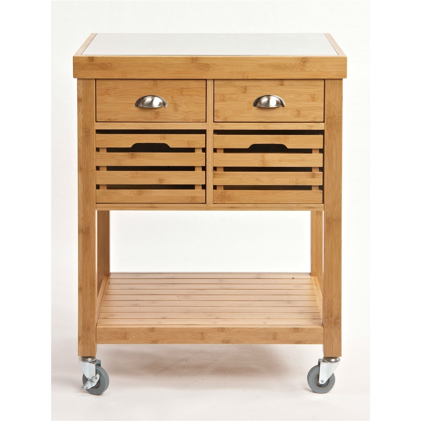 Stainless Steel Top Bamboo Wood Kitchen Cart with Casters