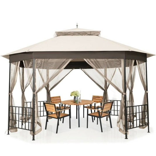 Outdoor 10 x 12 Ft Octagon Gazebo with Mosquito Net Sidewalls and Beige Canopy