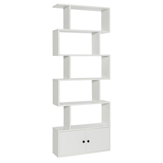 6-Tier S-Shaped Freestanding Bookshelf with Cabinet and Doors-White