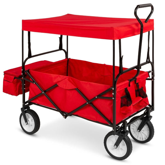 Collapsible Utility Wagon Cart Indoor/Outdoor with Canopy - Red W2B
