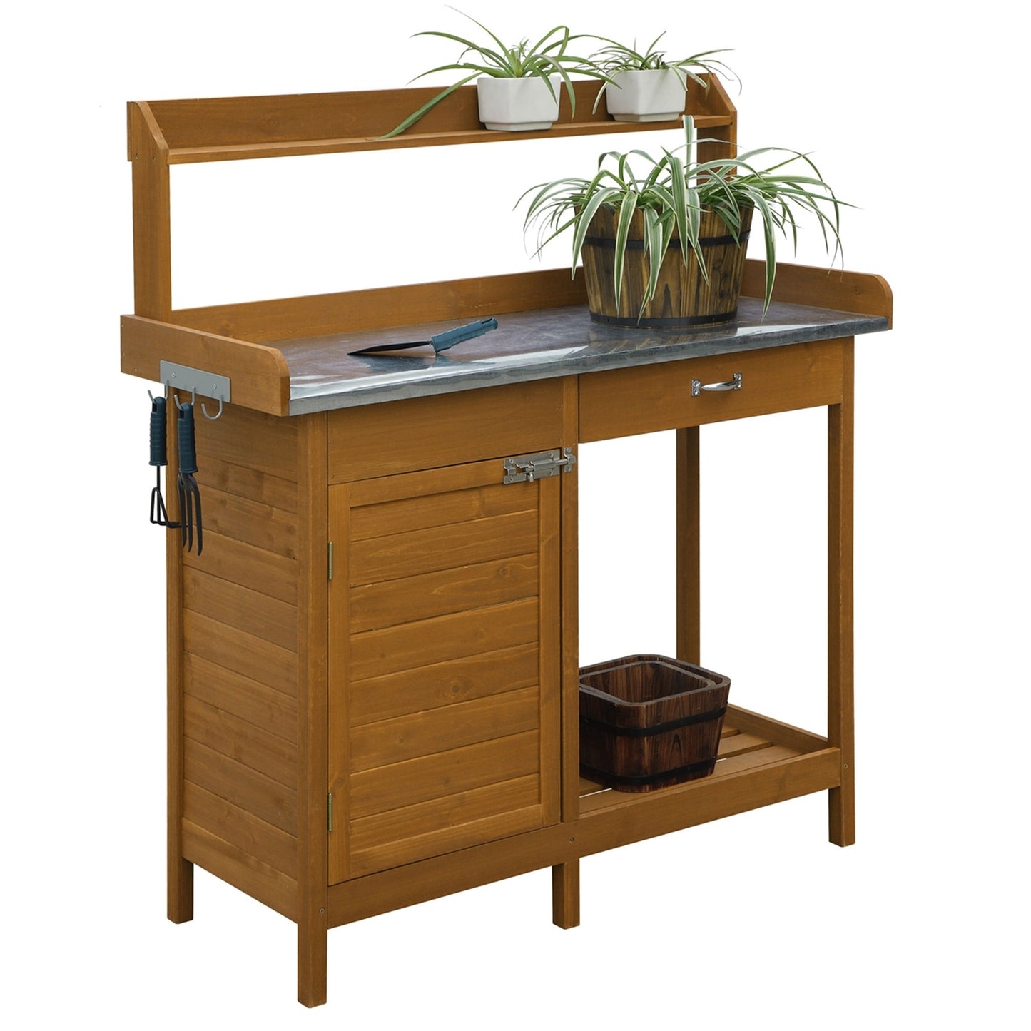 Outdoor Home Garden Potting Bench with Metal Table Top and Storage Cabinet