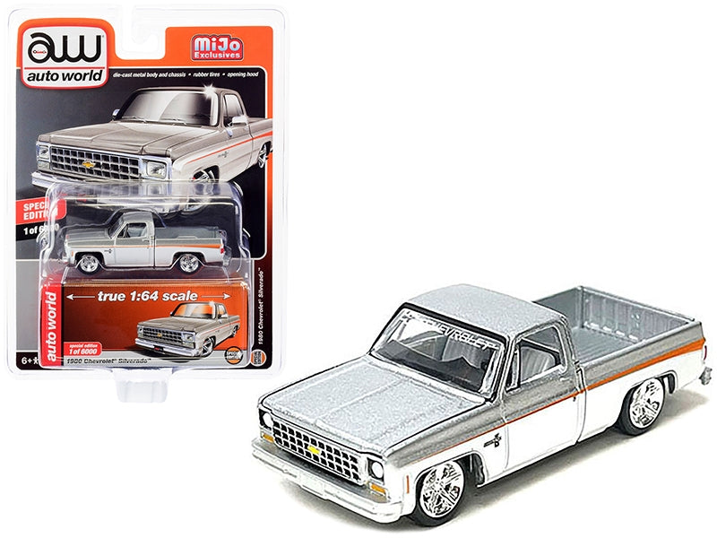 1980 Chevrolet Silverado Pickup Truck Silver Metallic and White Metallic Limited Edition to 6000 pieces Worldwide 1/64 Diecast Model Car by Auto World