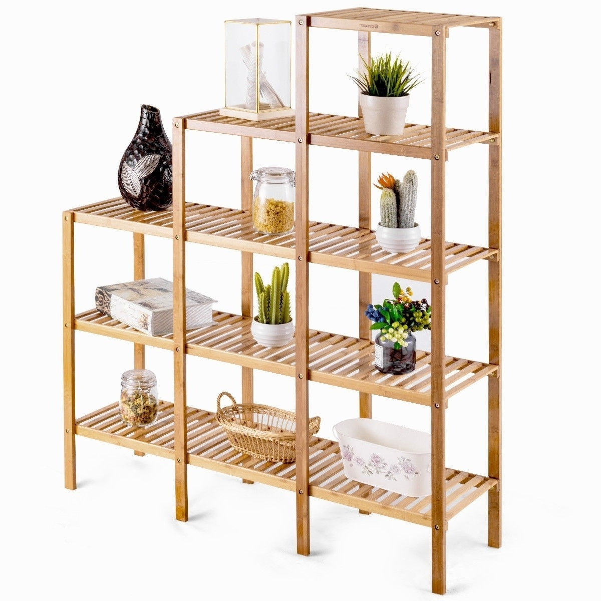 Bamboo Wood 5-Tier Versatile Bookcase Plant Stand Storage Rack