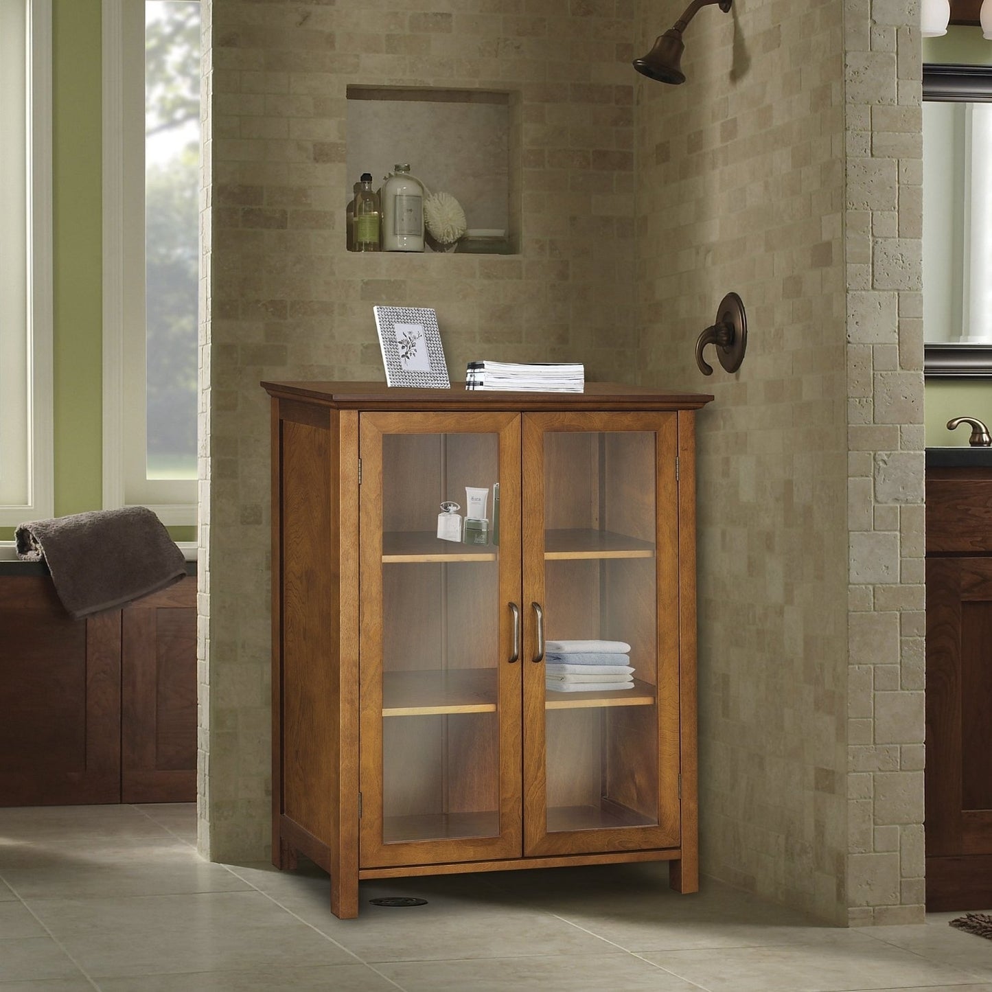 Oak Finish Bathroom Floor Cabinet with 2 Glass Doors & Storage Shelves