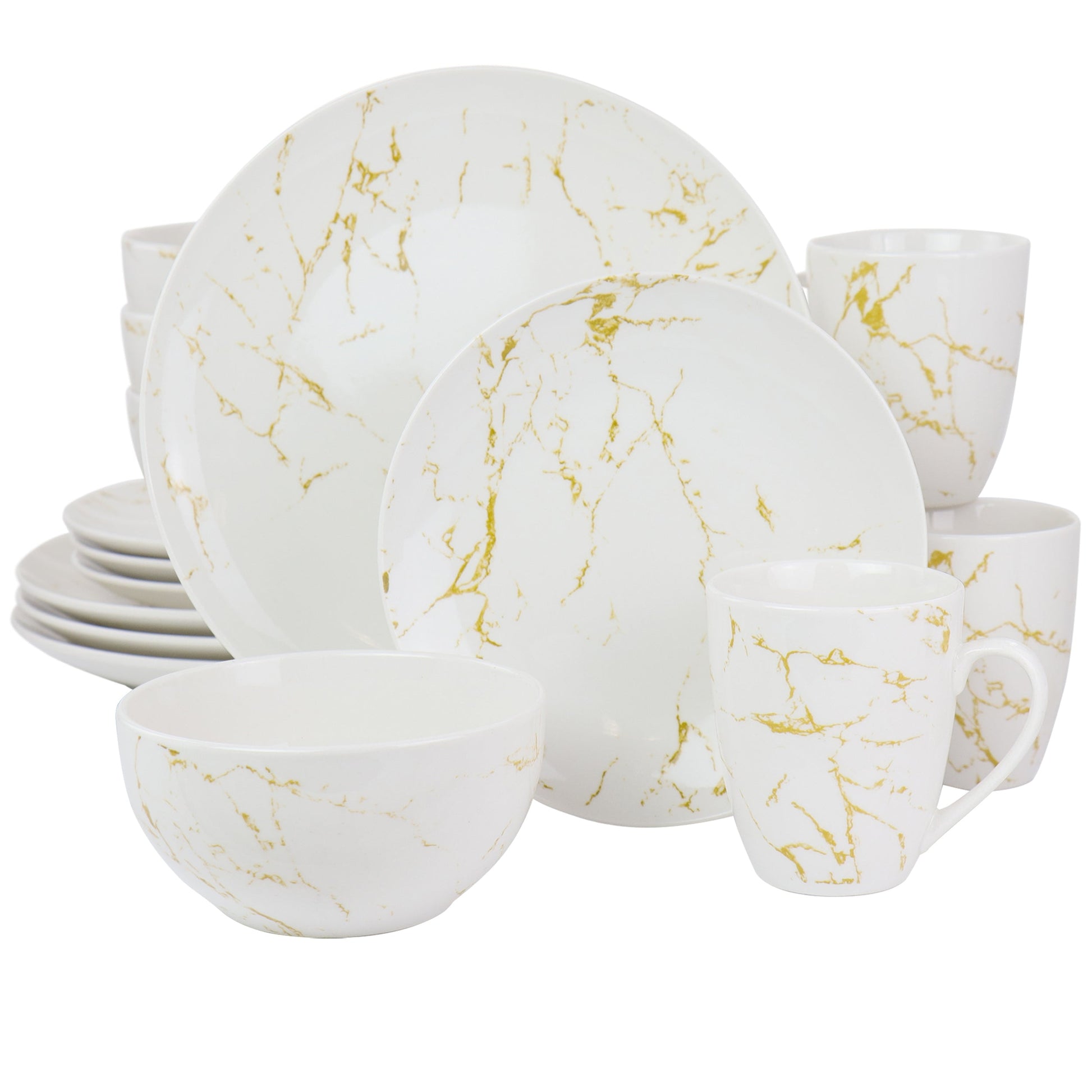 Elama Fine Marble 16 Piece Stoneware Dinnerware Set in Gold and White W2B