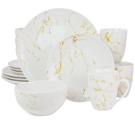 Elama Fine Marble 16 Piece Stoneware Dinnerware Set in Gold and White W2B