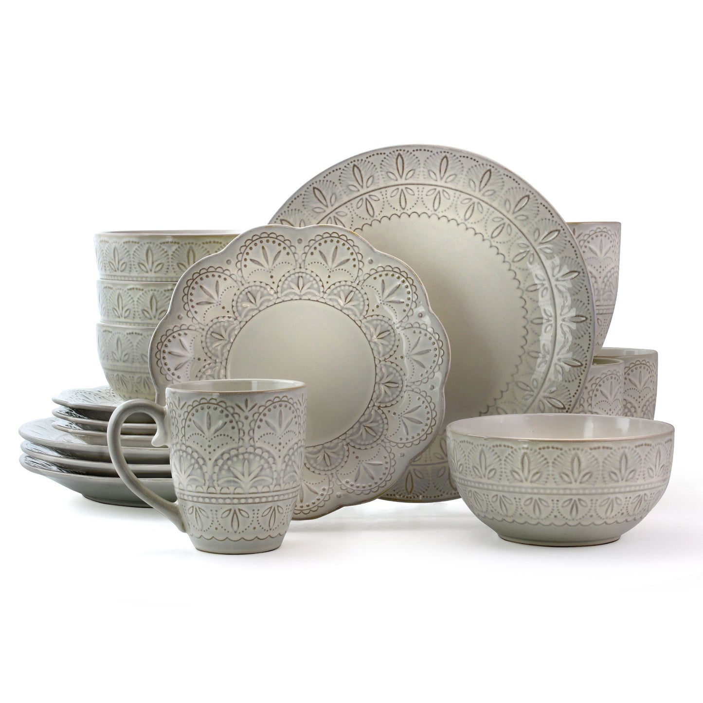 Elama White Lace 16 Piece Luxurious Stoneware Dinnerware with Complete Setting for 4 W2B