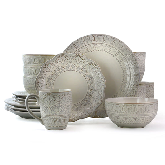 Elama White Lace 16 Piece Luxurious Stoneware Dinnerware with Complete Setting for 4 W2B