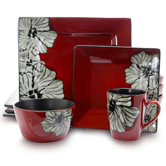 Elama Winter Bloom 16 Piece Square Stoneware Dinnerware Set W2B