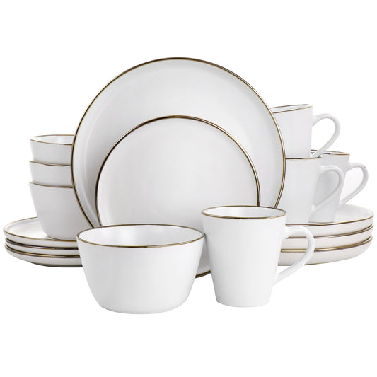 Elama Arthur 16 Piece Stoneware Dinnerware Set in Matte White with Gold Rim W2B